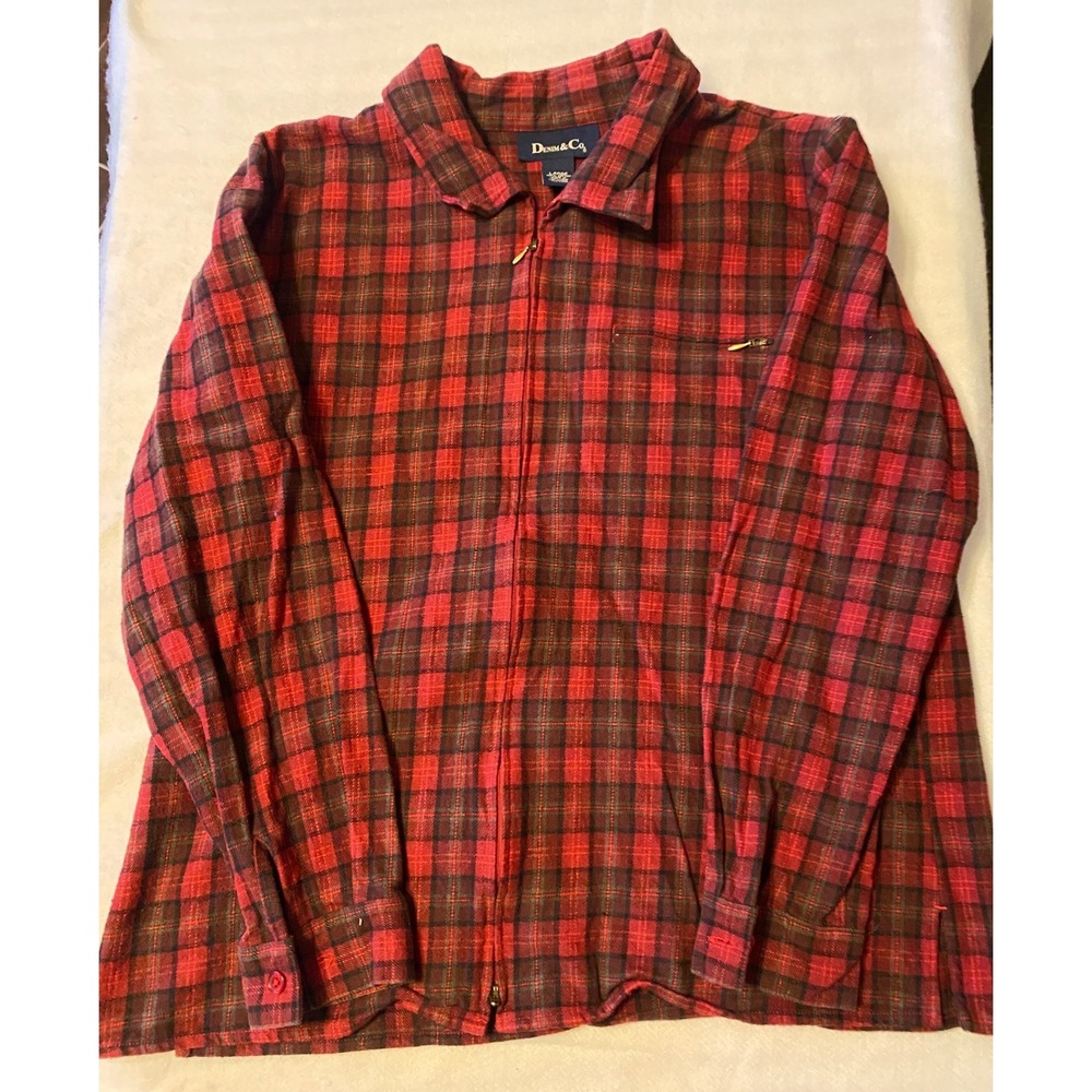 DENIM & CO. Plaid Flannel Zip Up Shirt Jacket Women's Large Red Brown